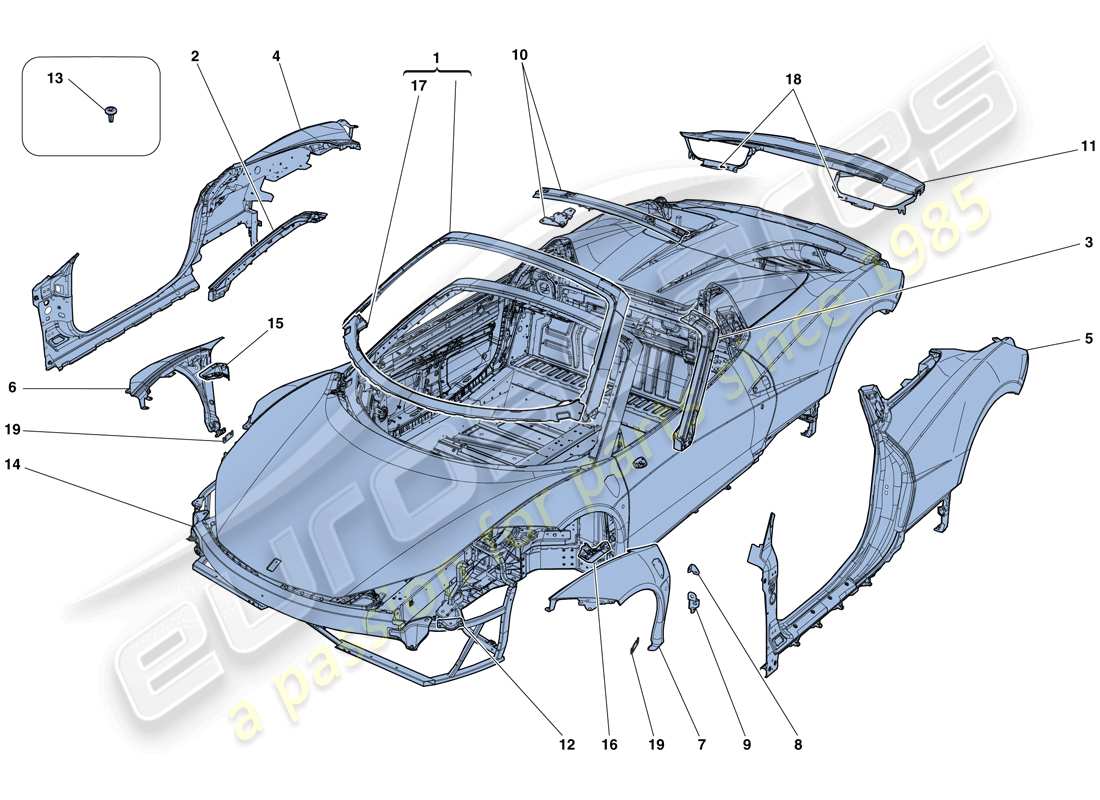 ferrari 458 spider (rhd) scocca - rivestimento esterno diagramma delle parti