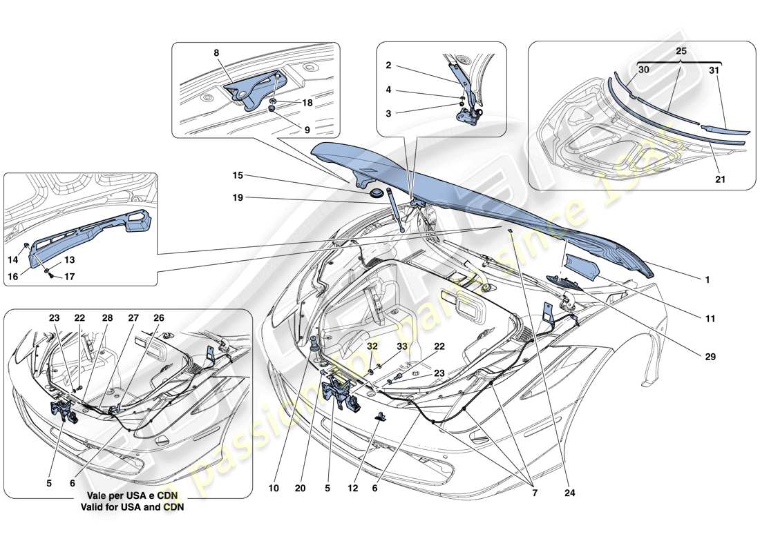 ferrari 458 spider (rhd) coperchio anteriore e meccanismo di apertura diagramma delle parti