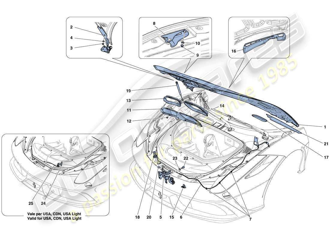 ferrari 458 speciale aperta (usa) coperchio anteriore e meccanismo di apertura schema delle parti