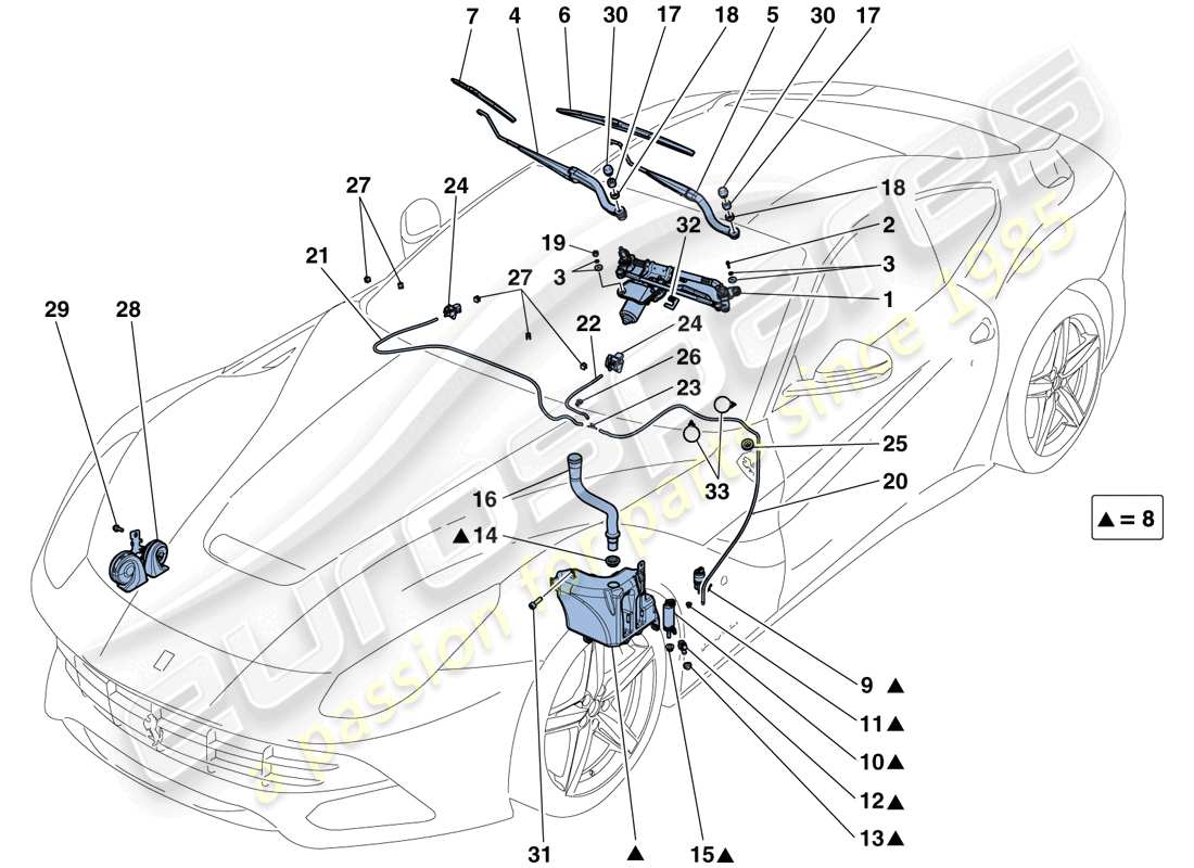 ferrari f12 berlinetta (usa) tergicristallo, rondella e clacson diagramma delle parti