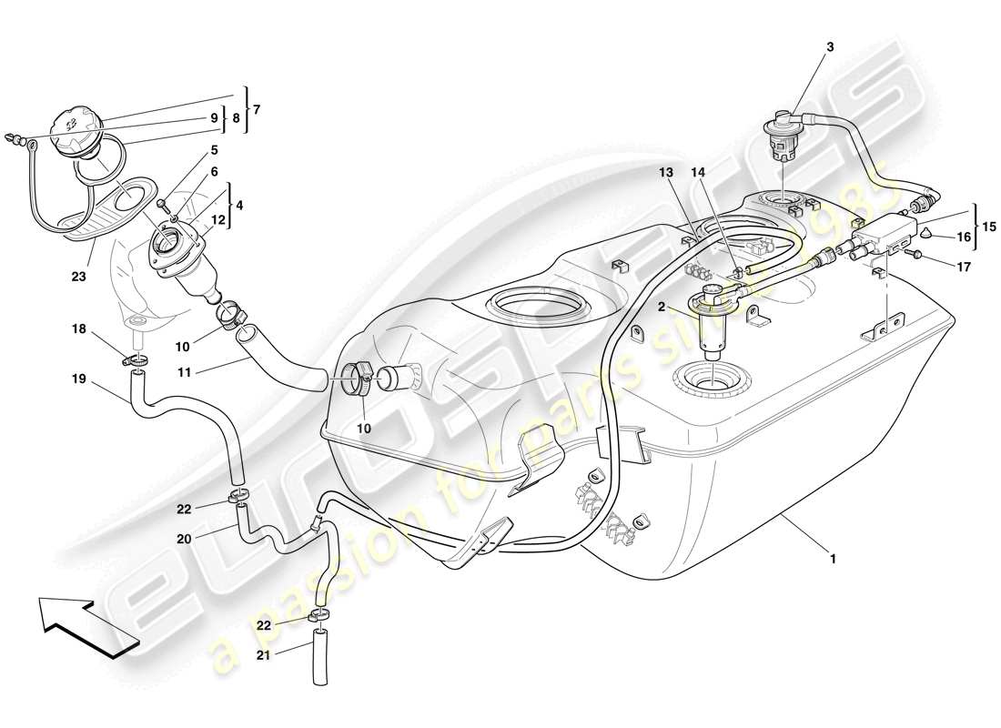 ferrari 599 sa aperta (europe) serbatoio carburante - bocchettone di riempimento e tubi schema delle parti