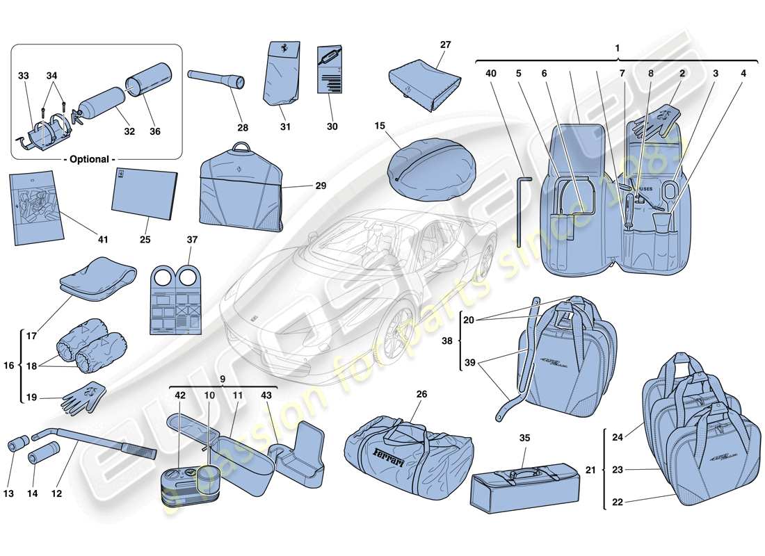 ferrari 458 italia (rhd) attrezzi e accessori forniti con il veicolo diagramma delle parti