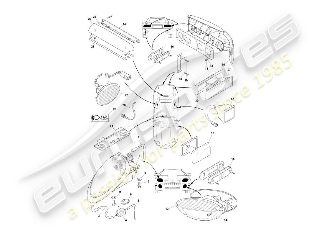 aston martin db7 vantage (2000) diagramma delle parti di lampade e lampadine