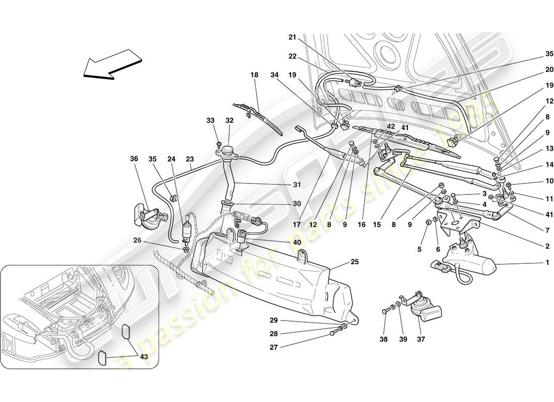 ferrari f430 coupe (rhd) tergicristallo, rondella e clacson schema delle parti