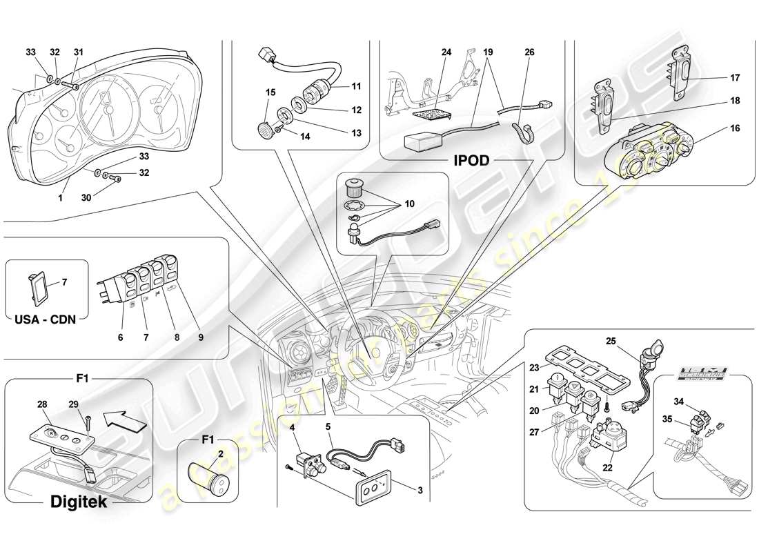 ferrari f430 scuderia (rhd) strumentazione cruscotto e tunnel diagramma delle parti