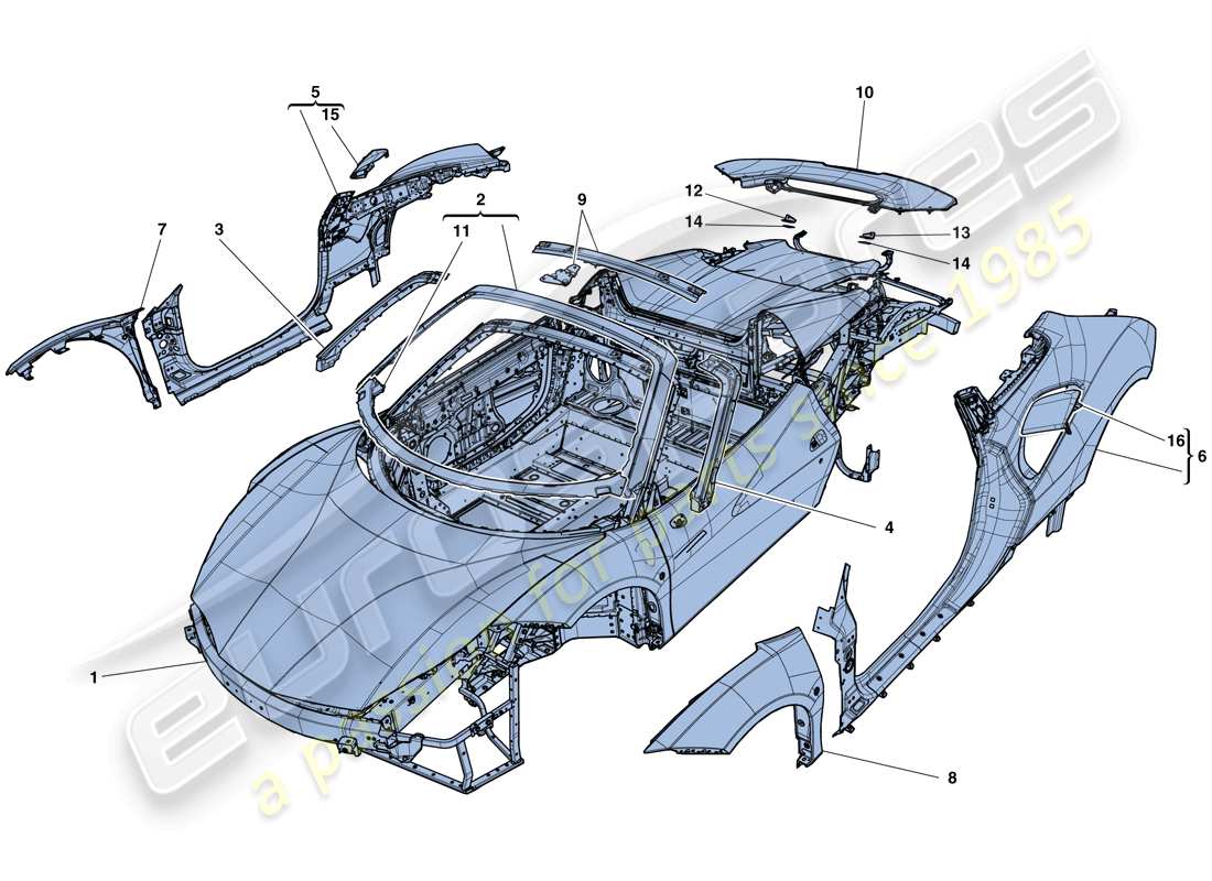 ferrari 488 spider (rhd) scocca - rivestimento esterno schema delle parti