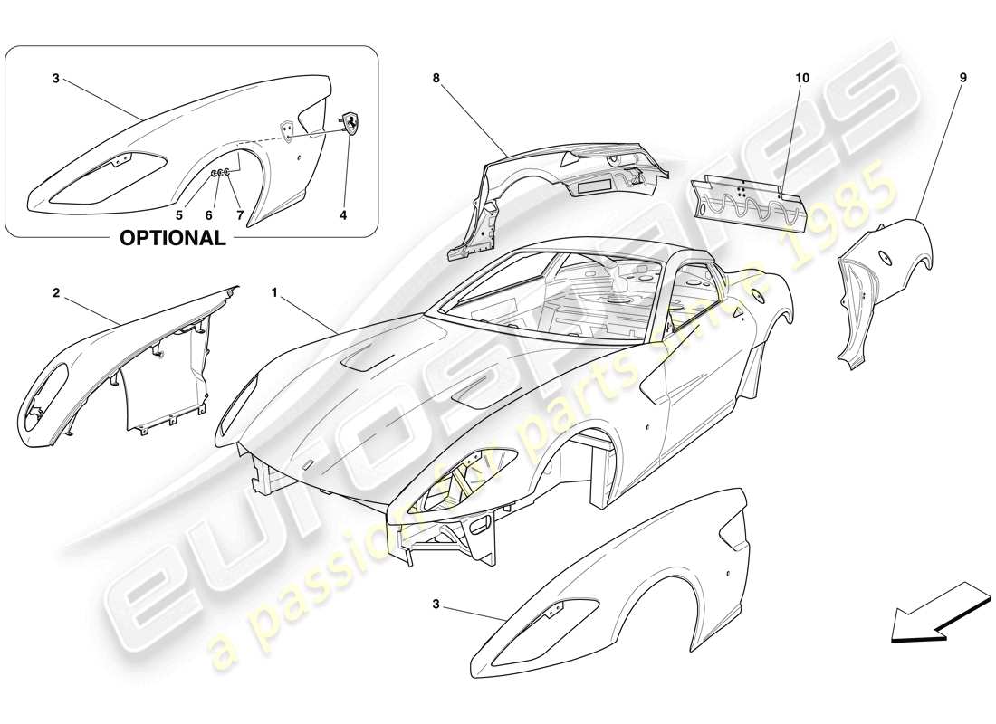 ferrari 599 gtb fiorano (rhd) scocca - rivestimento esterno diagramma delle parti