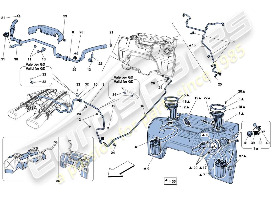 ferrari f12 berlinetta (europe) serbatoio carburante, pompe e tubi dell'impianto di alimentazione schema delle parti