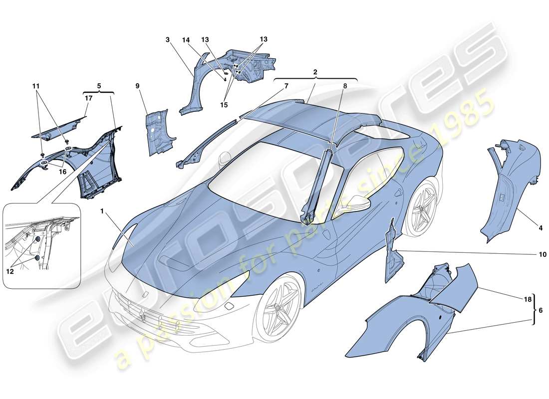 ferrari f12 berlinetta (europe) scocca - rivestimento esterno diagramma delle parti