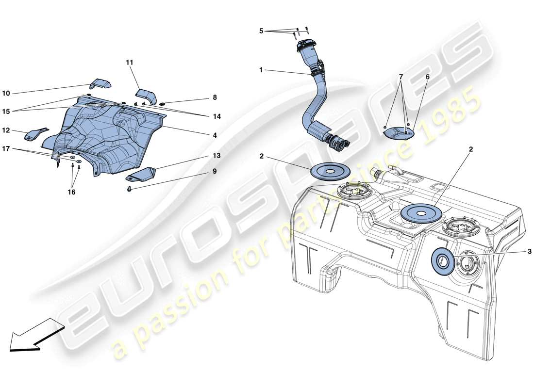 ferrari 812 superfast (rhd) serbatoio carburante e bocchettone di riempimento schema delle parti