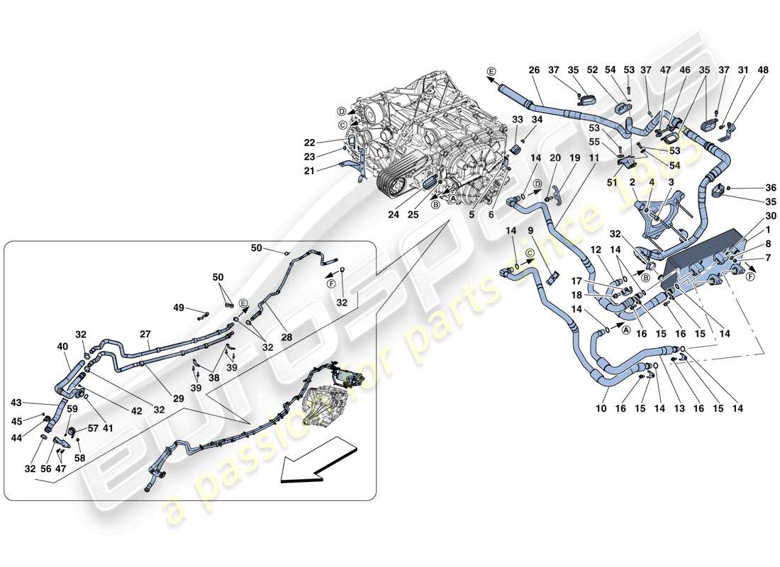 ferrari f12 berlinetta (rhd) sistema di lubrificazione e raffreddamento a olio del cambio diagramma delle parti