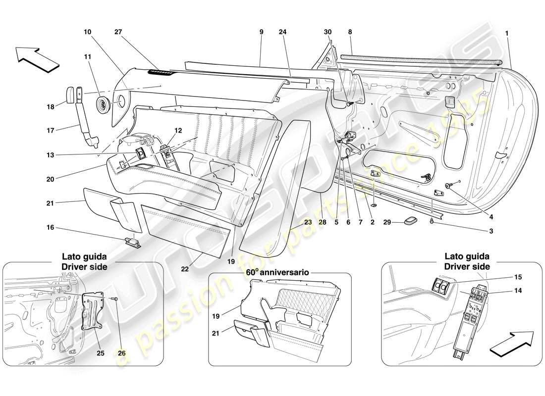 ferrari 612 sessanta (rhd) porte - sottostruttura e rivestimento schema delle parti