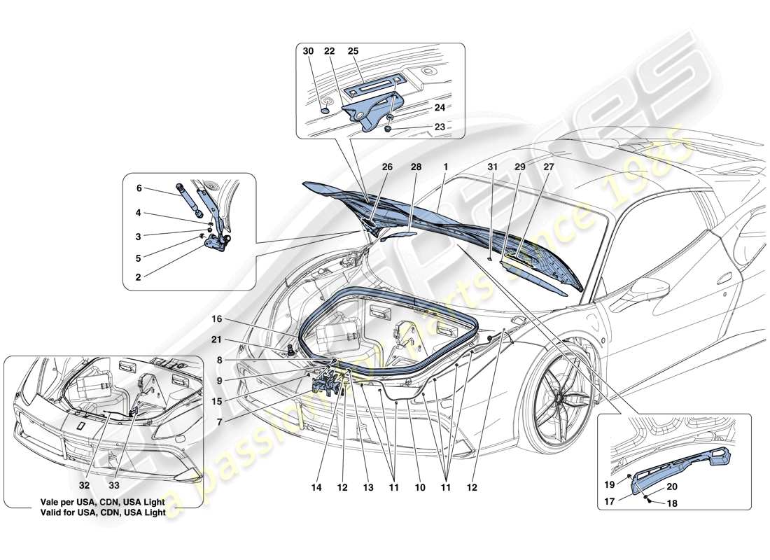 ferrari 488 spider (rhd) coperchio anteriore e meccanismo di apertura diagramma delle parti