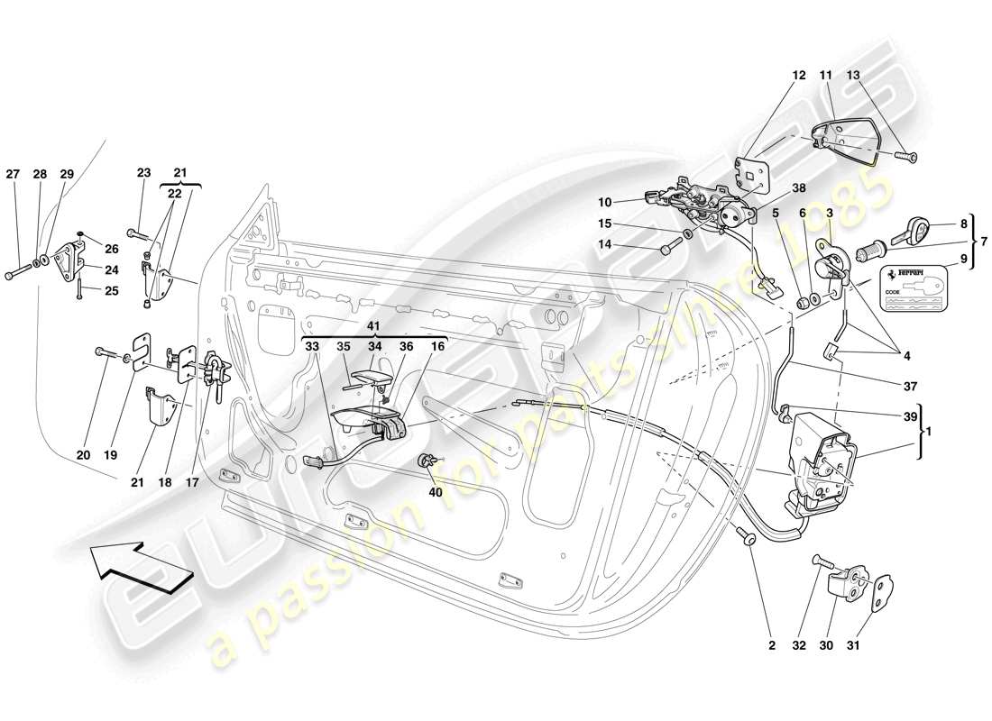 ferrari 612 sessanta (rhd) ante - meccanismo di apertura e cerniere diagramma delle parti