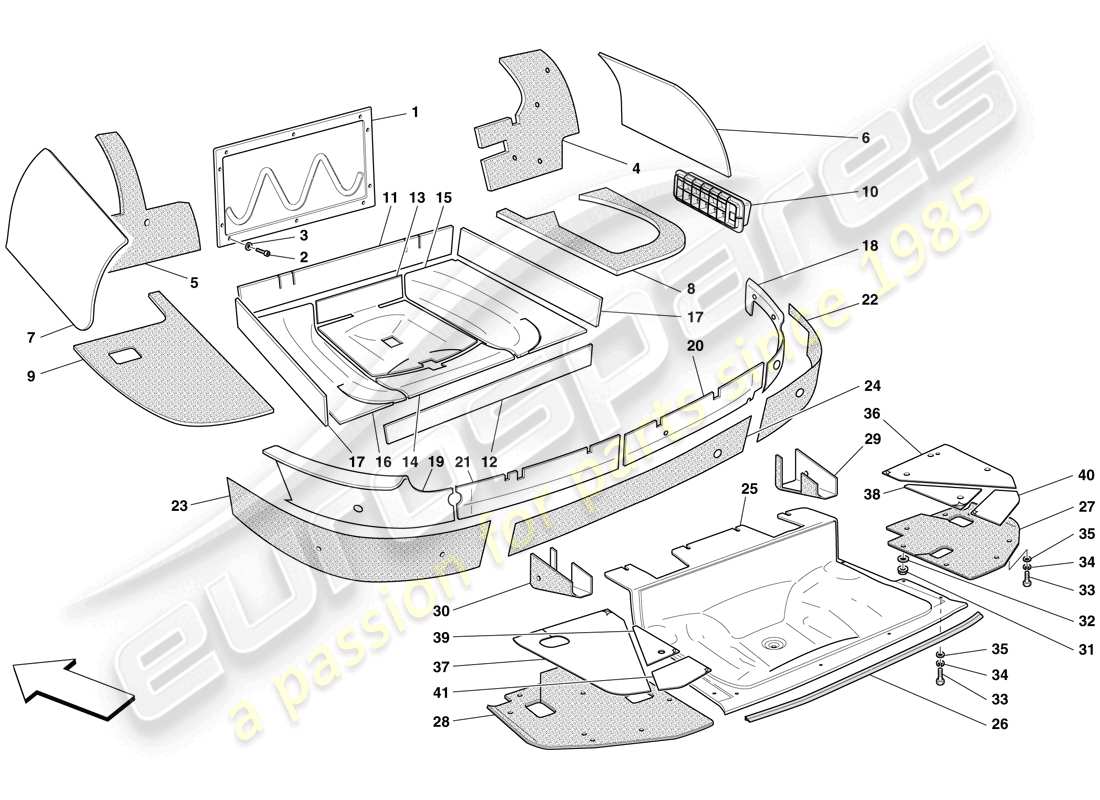 ferrari 599 gtb fiorano (rhd) isolamento del vano bagagli diagramma delle parti