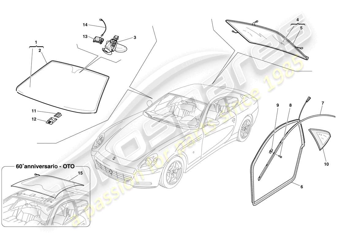 ferrari 612 sessanta (rhd) schermi, finestre e guarnizioni schema delle parti