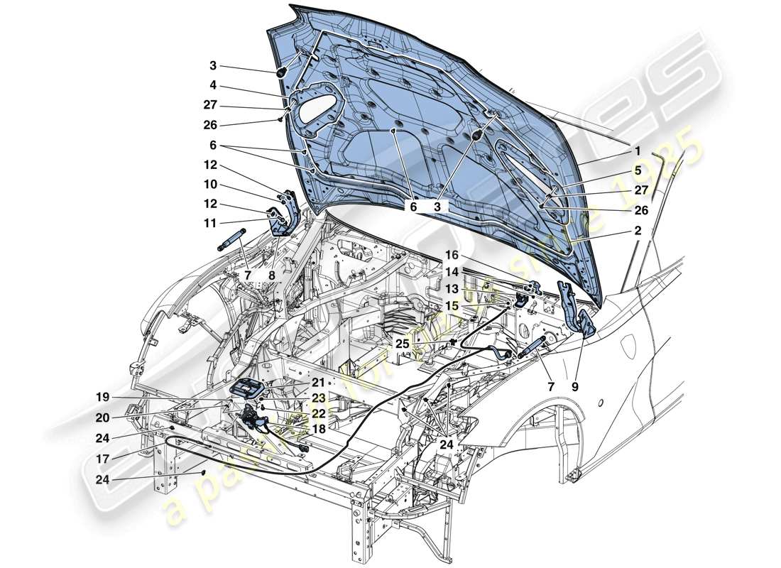 ferrari 812 superfast (rhd) coperchio anteriore e meccanismo di apertura diagramma delle parti