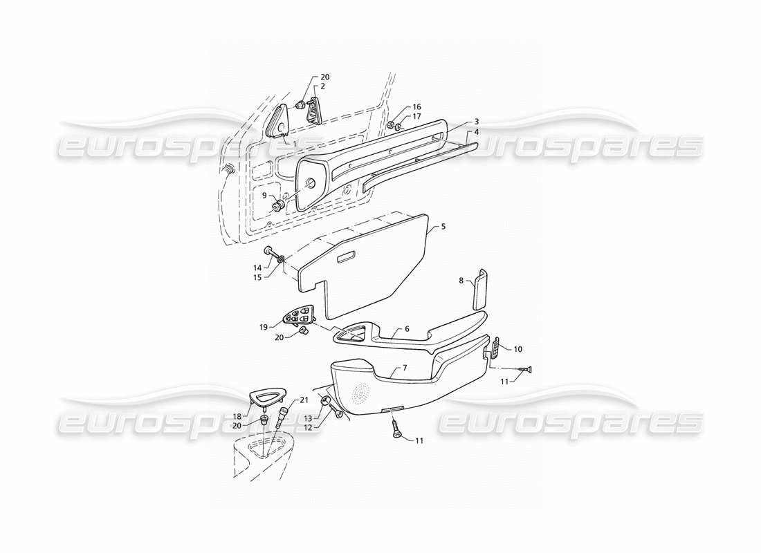 maserati qtp v8 (1998) rivestimenti interni: diagramma delle parti dei pannelli delle porte anteriori (rhd).