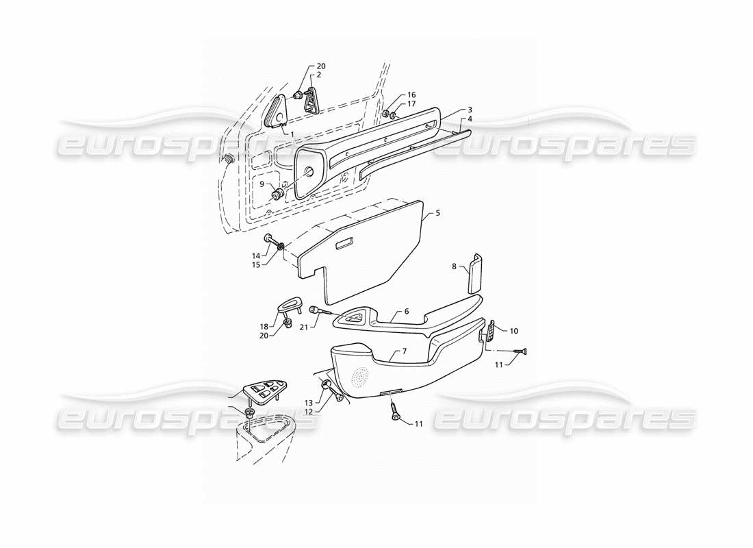 maserati qtp v8 (1998) rivestimenti interni: diagramma delle parti dei pannelli delle porte anteriori (lhd).