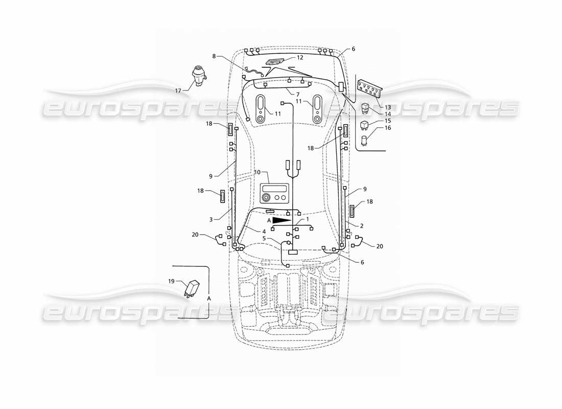 maserati qtp v8 (1998) impianto elettrico: bagagliaio-porte-vano passeggero (rhd) diagramma delle parti