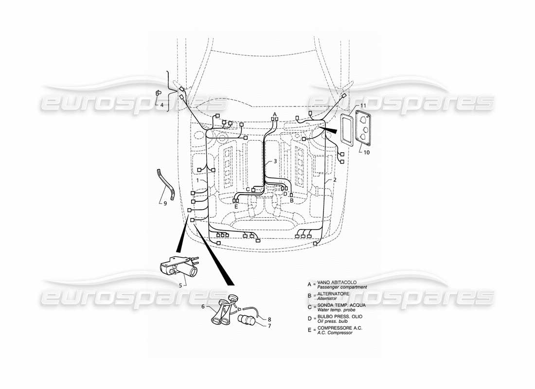 maserati qtp v8 (1998) impianto elettrico: diagramma delle parti del vano motore (rhd).