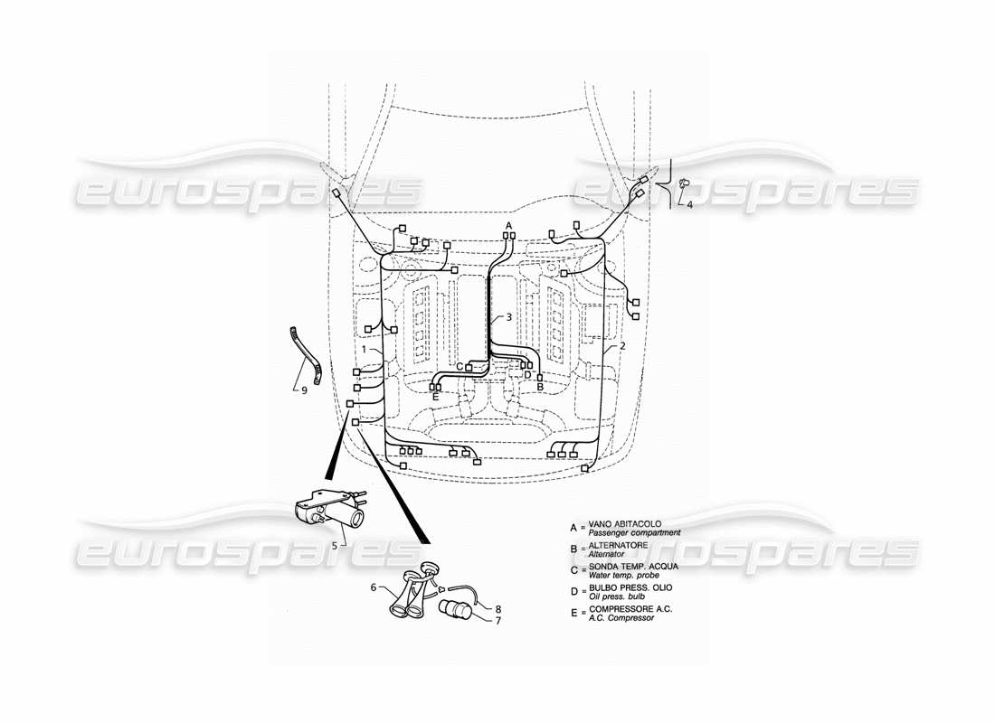 maserati qtp v8 (1998) impianto elettrico: vano motore (lhd) diagramma delle parti