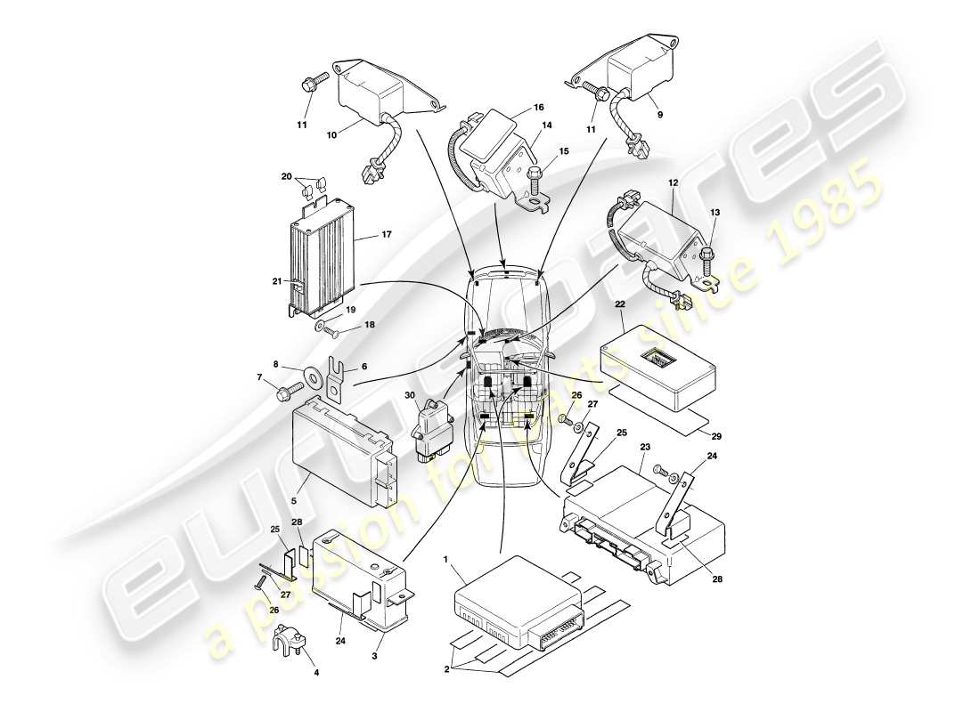 aston martin v8 volante (1999) moduli di controllo elettronico diagramma delle parti