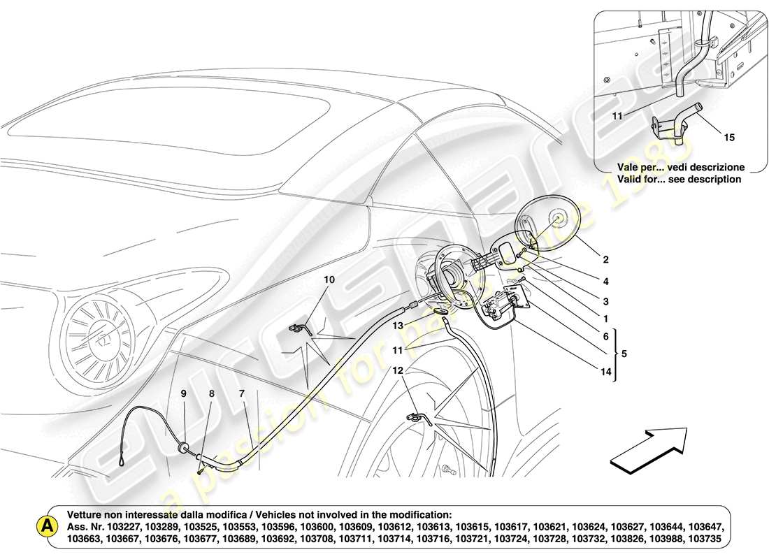 ferrari california (rhd) sportello e comandi del rifornimento carburante schema delle parti