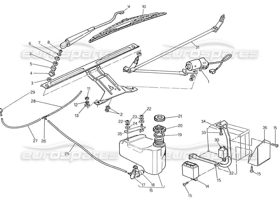 maserati 222 / 222e biturbo schema delle parti tergicristallo - rondella (sterzo destro).