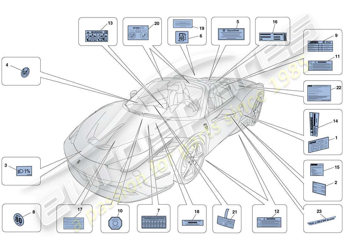 ferrari 458 speciale aperta (rhd) etichette e placche adesive diagramma delle parti