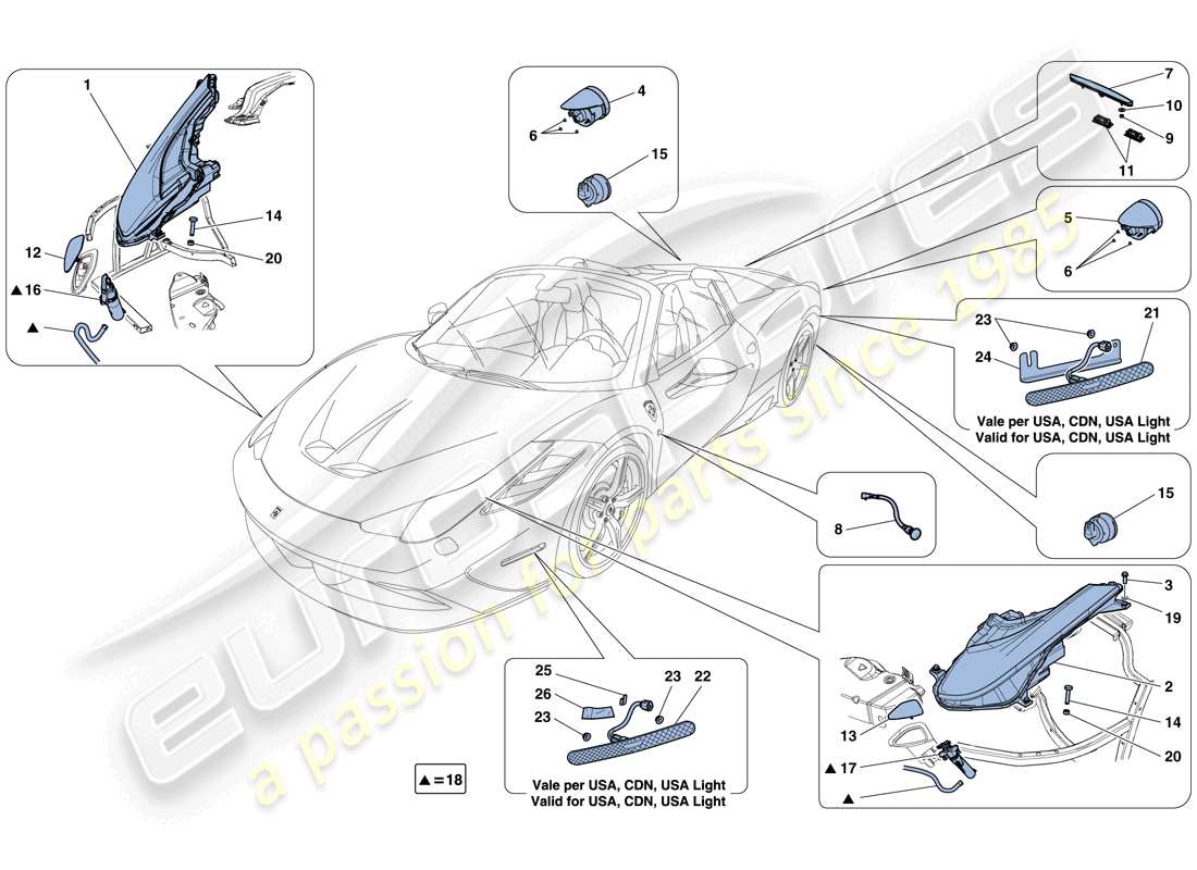 ferrari 458 speciale aperta (usa) fari e fanali posteriori schema delle parti