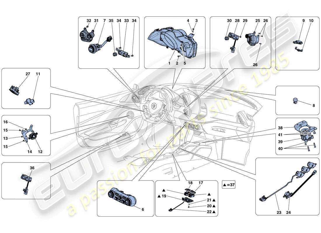 ferrari 488 gtb (rhd) strumentazione cruscotto e tunnel diagramma delle parti