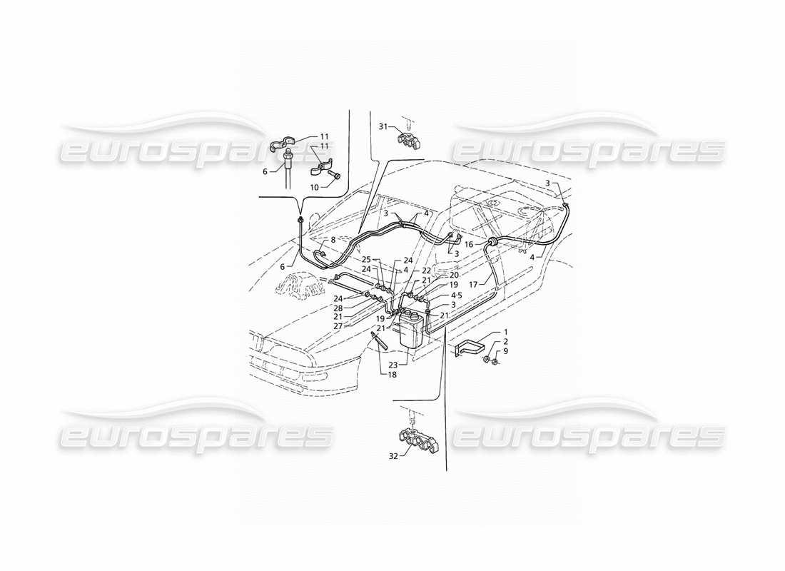 maserati qtp v6 (1996) evaporation vapours recovery system and fuel pipes (rhd) part diagram
