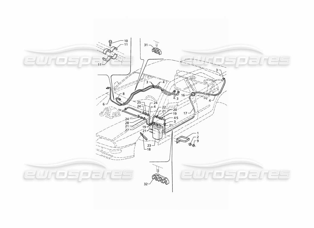 maserati qtp v6 (1996) schema delle parti del sistema di recupero dei vapori di evaporazione e dei tubi del carburante (lhd).
