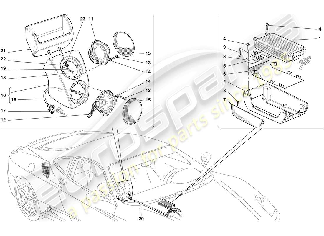 ferrari f430 coupe (rhd) schema delle parti del sistema amplificatore radio