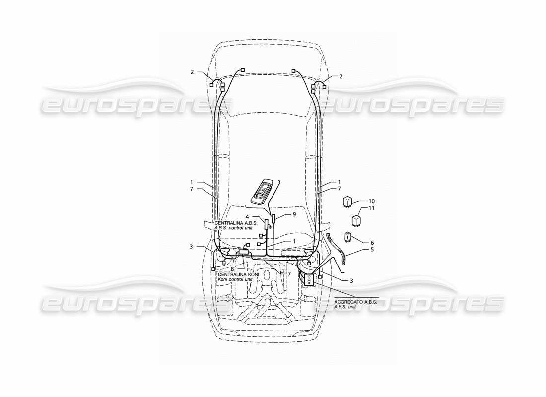 maserati ghibli 2.8 (abs) impianto elettrico: schema delle parti dell'abs e delle sospensioni "koni" (guida a sinistra).