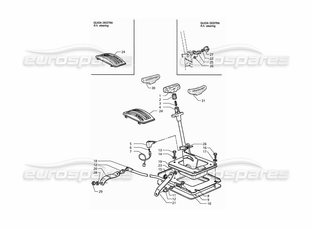 maserati qtp. 3.2 v8 (1999) diagramma delle parti dei controlli esterni della trasmissione automatica (4hp).