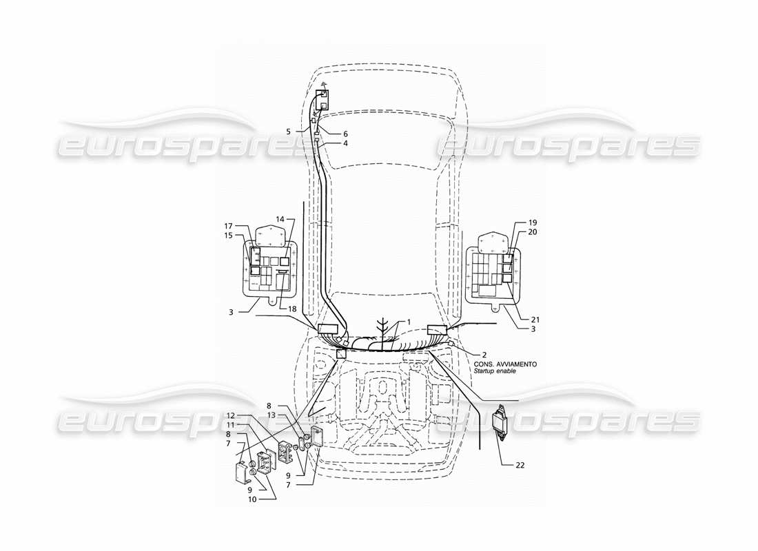 maserati ghibli 2.8 (abs) impianto elettrico: diagramma delle parti del cruscotto e della batteria (guida a sinistra).