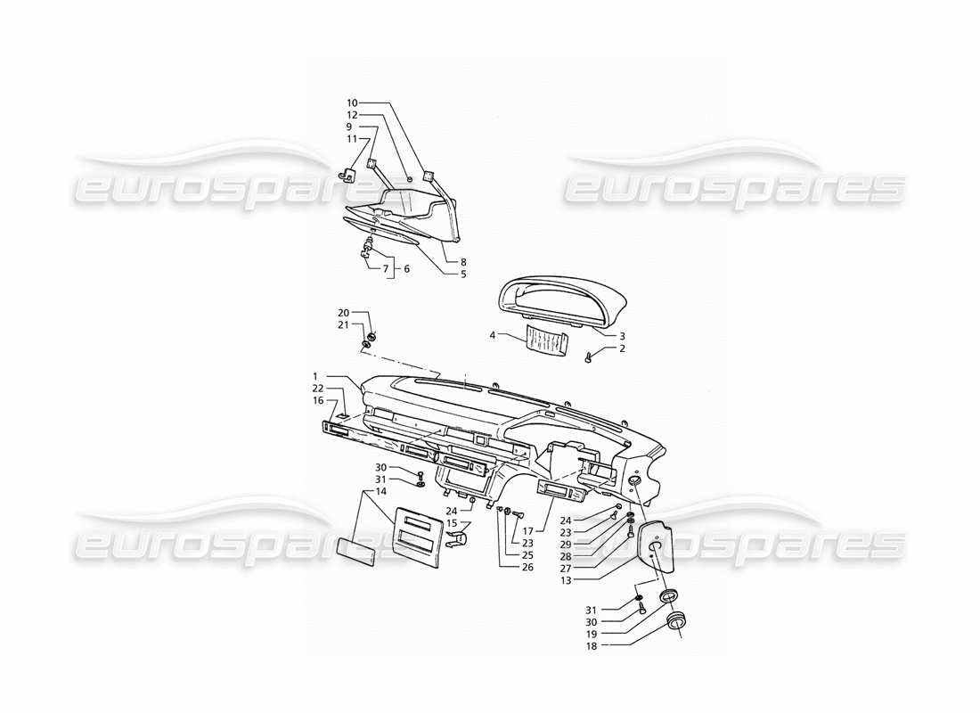 maserati qtp. 3.2 v8 (1999) diagramma delle parti del pannello strumenti (guida a destra).