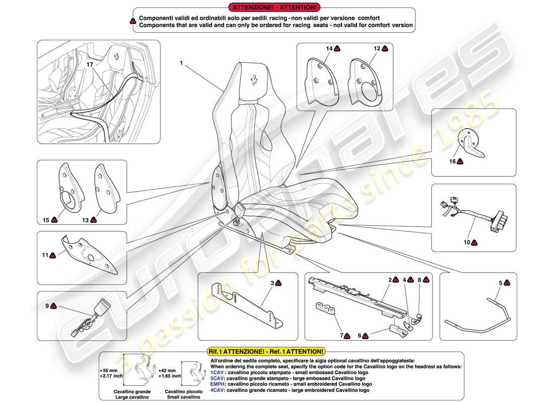 ferrari 599 sa aperta (rhd) sedile anteriore corsa - guide e meccanismi di regolazione schema parte