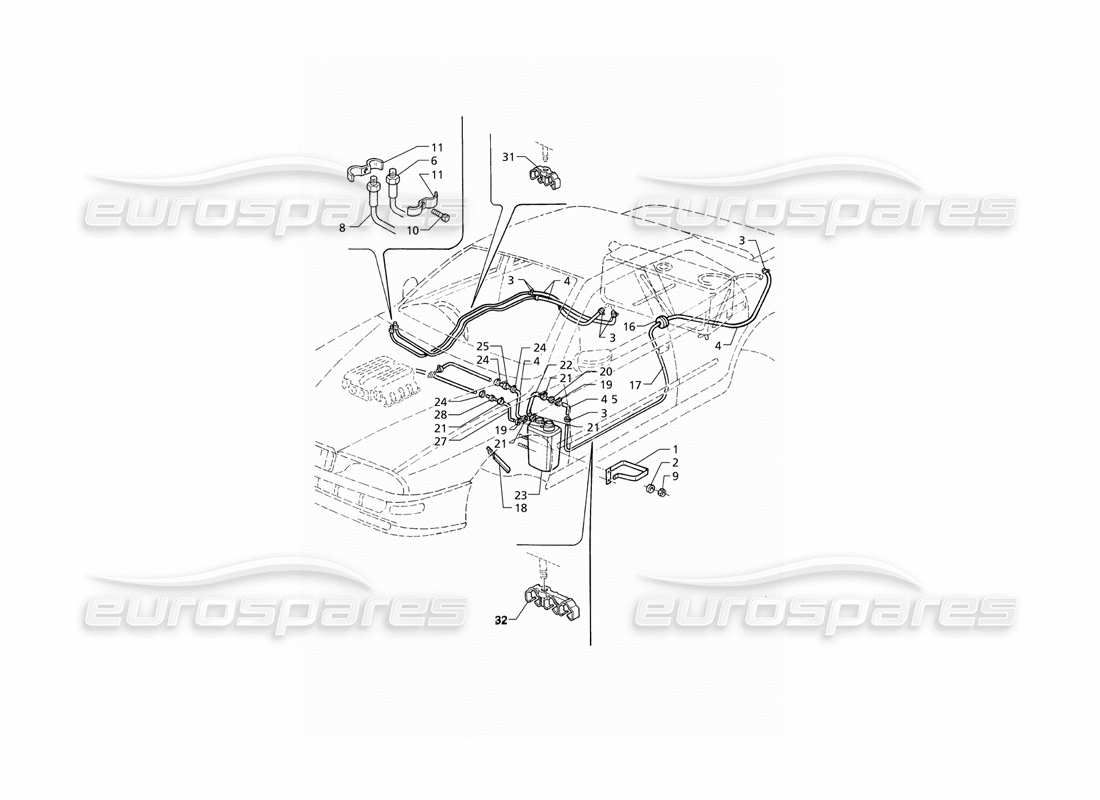 maserati qtp v8 (1998) schema delle parti del sistema di recupero dei vapori di evaporazione e dei tubi del carburante (rhd).
