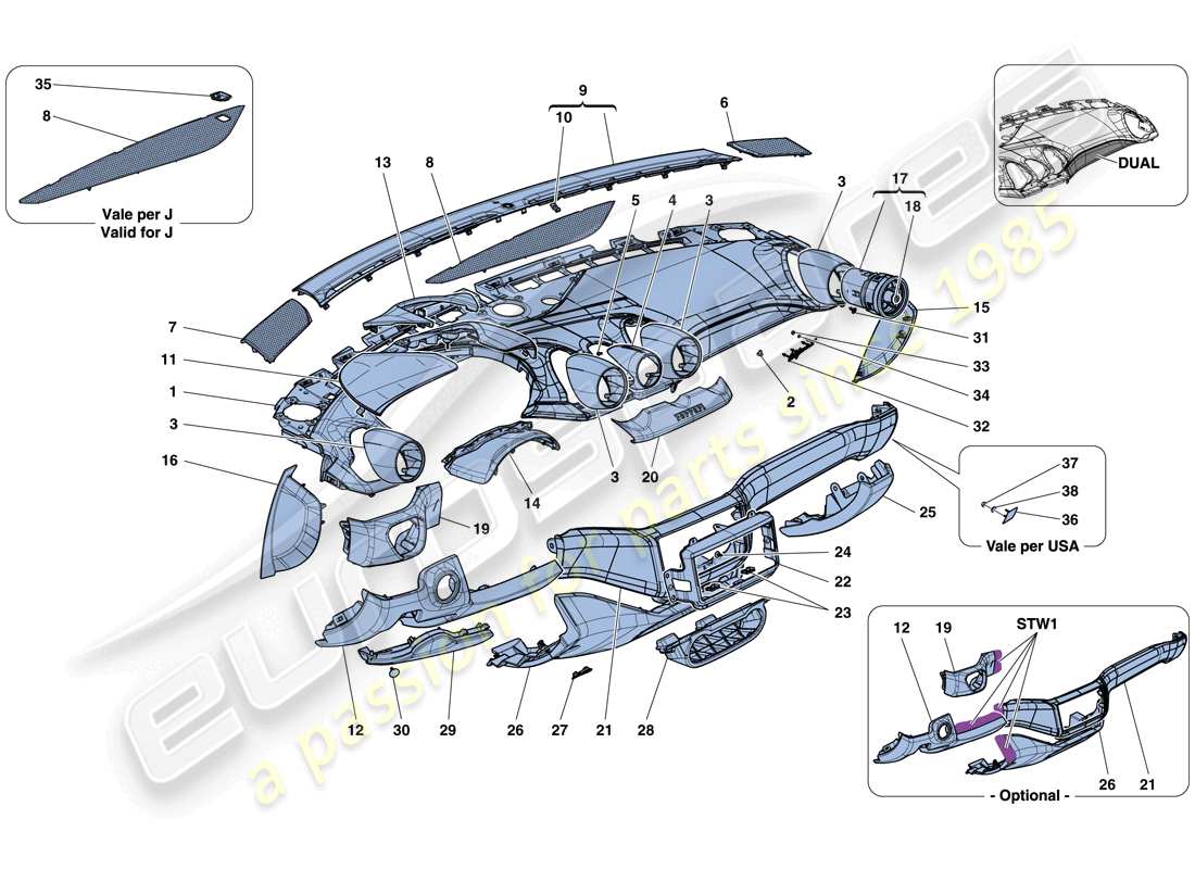 ferrari california t (rhd) cruscotto - rivestimento diagramma delle parti