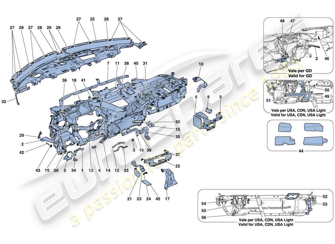 ferrari 488 spider (rhd) cruscotto - sottostruttura diagramma delle parti