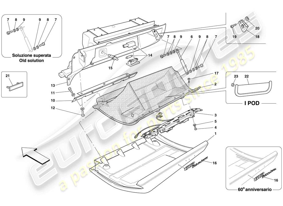 ferrari 612 scaglietti (rhd) vano portaoggetti diagramma delle parti