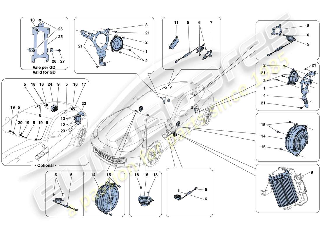 ferrari gtc4 lusso t (rhd) sistema di altoparlanti audio diagramma delle parti