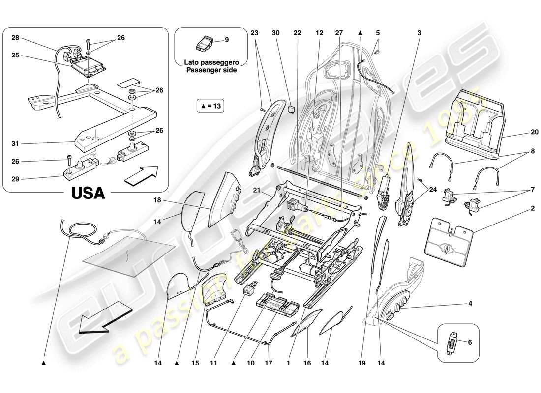 ferrari 599 gtb fiorano (rhd) sedile anteriore - guide e meccanismi di regolazione diagramma delle parti