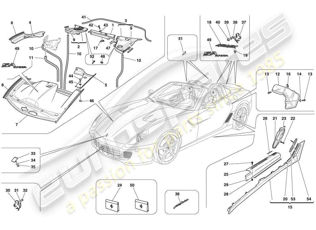 ferrari 599 sa aperta (rhd) rivestimenti esterni diagramma delle parti