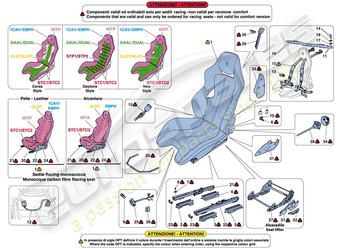 ferrari 812 superfast (usa) sedile da corsa diagramma delle parti