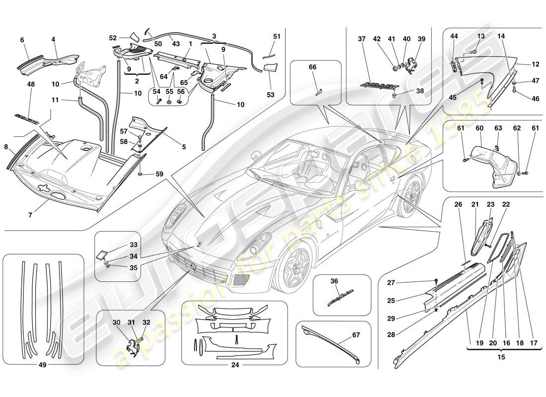 ferrari 599 gtb fiorano (europe) rivestimenti esterni diagramma delle parti
