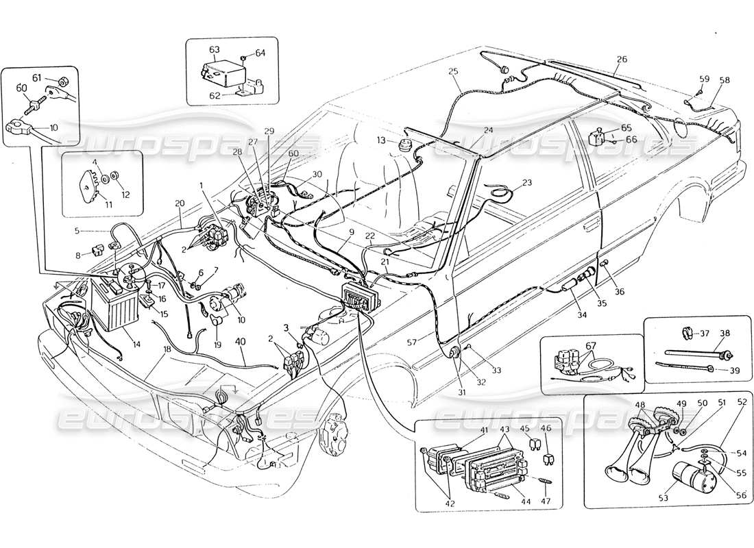 maserati 222 / 222e biturbo schema delle parti del cablaggio e dei componenti elettrici (sterzo destro).
